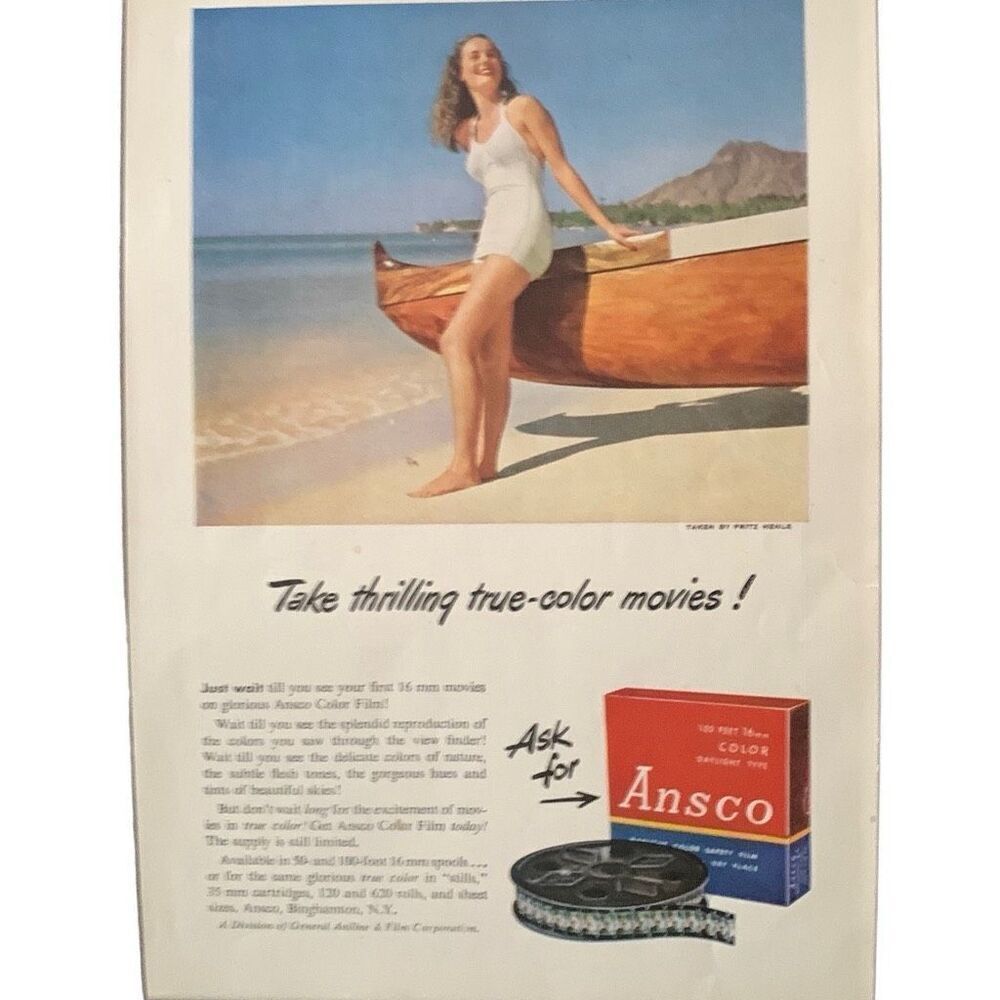 Vintage 1948 Ansco Take a thrilling True Color Movies Ad Advertisement
